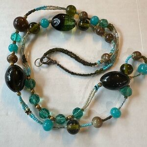 Unique glass blue green seed bead boho tribal necklace one glass bead is 2 tone